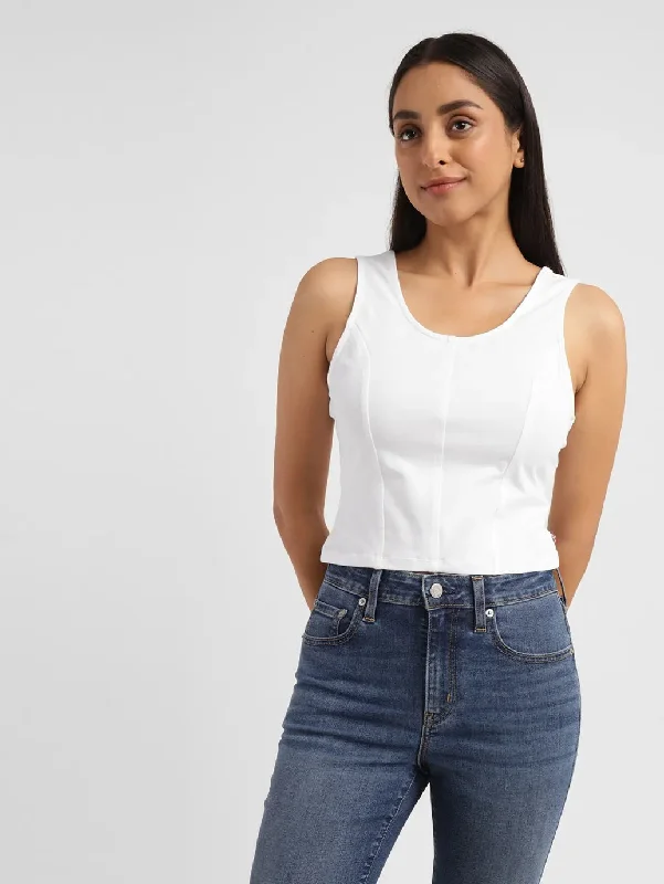 Women's Solid White Scoop Neck Crop Top Front Pockets Side Pockets Patch Pockets