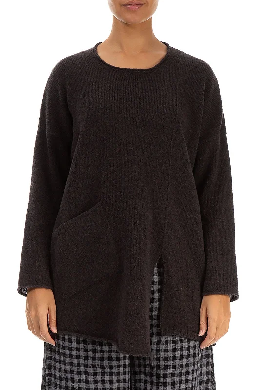 Side Split Chocolate Wool Sweater Welt Pockets Slit Pockets Flap Pockets