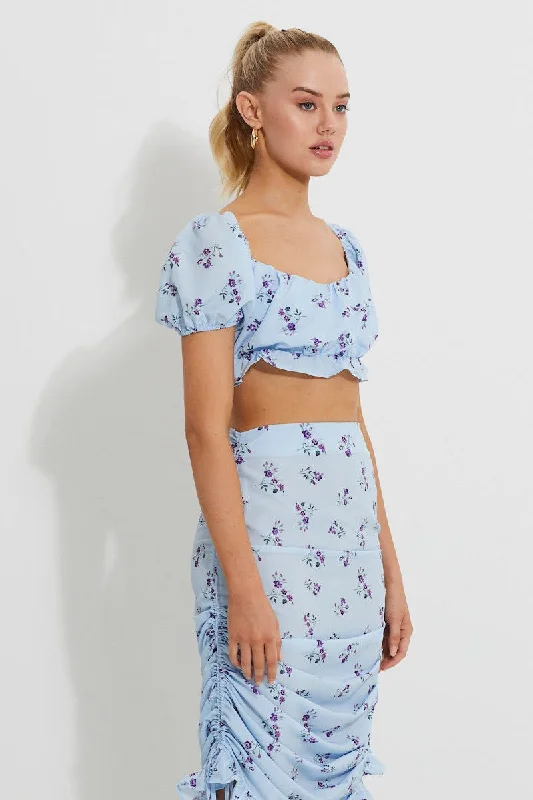Print Print Puff Shoulder Ruched Bust Crop Top Striped Floral Plaid