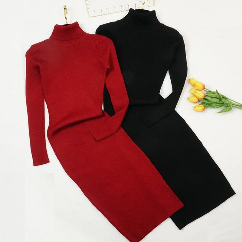 Autumn Winter Women Knitted Dress Turtleneck Sweater Dresses Lady Slim Bodycon Long Sleeve Bottoming Dress Vestidos PP021 Embroidered Appliqued Beaded