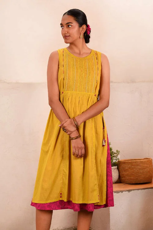 Rangsutra Saheli Double Layer Hand Embroidered Yellow Mulmul Cotton Kurta Dress With Printed Pink Slip Tunics Handmade artisanal