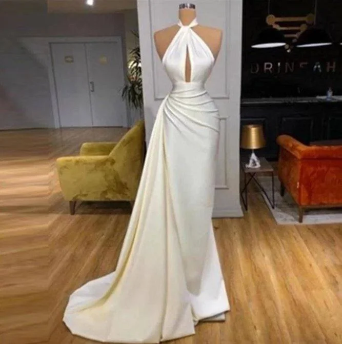 Backless Evening Dresses Mermaid Halter Floor Length Satin Long Turkey Dubai Saudi Arabic Evening Gown Prom Dresses Tunics Chic fashionable
