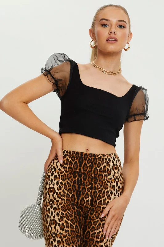 Black Organza Puff Sleeve Crop Top Mesh Blend Leather Blend Suede Blend