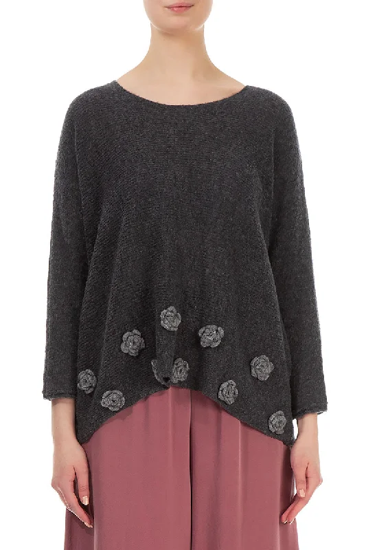 Light Flowers Dark Grey Wool Sweater Tailored Straight A-Line