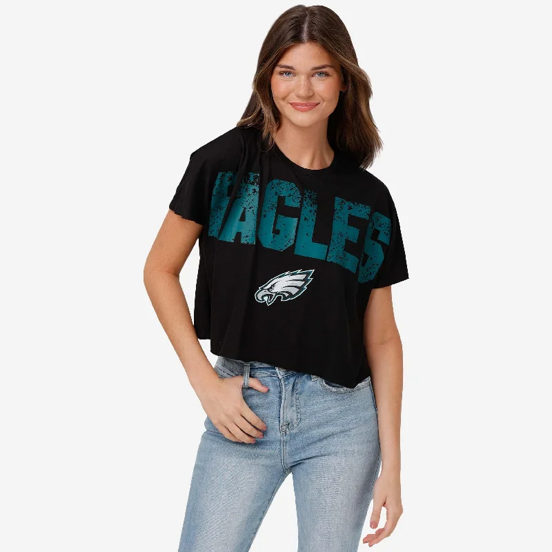 Philadelphia Eagles Womens Distressed Wordmark Crop Top Solid Print Embellished