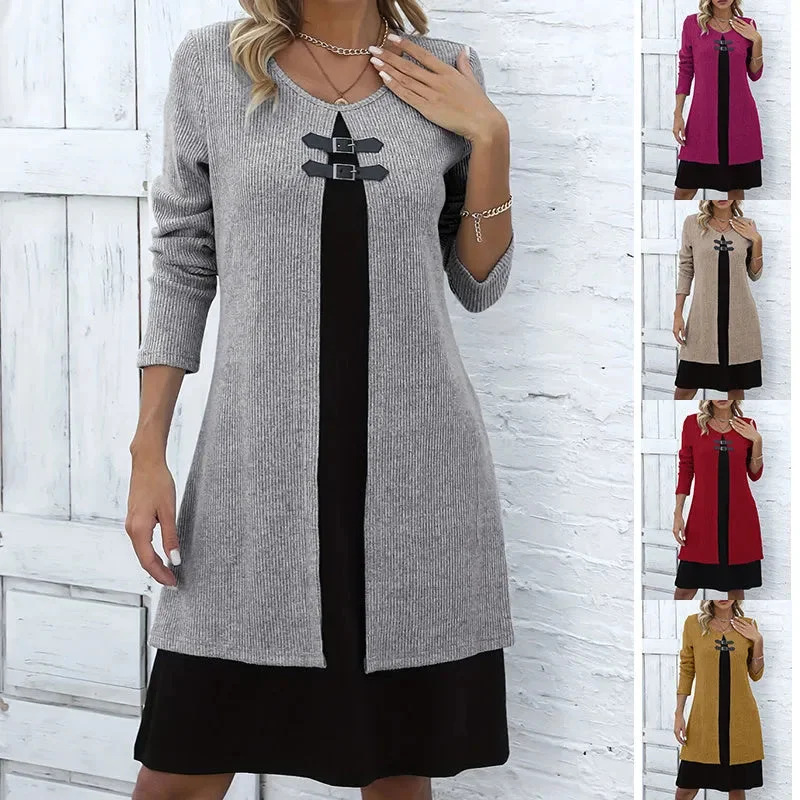 Contrast Color Buckled Round Neck Fashion Winter Sweater Dress High Neck Crew Neck V-Neck