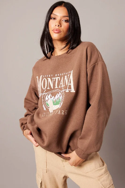 Brown Graphic Sweater Long Sleeve Fleece Sweater Nylon Polyester