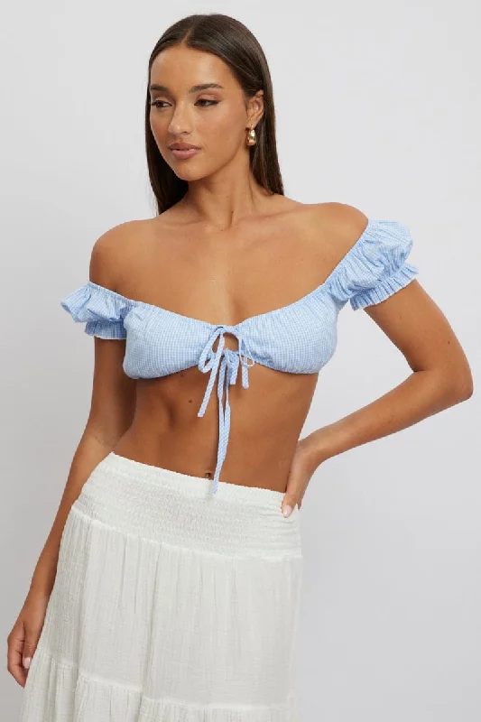 Blue Check Crop Top Short Sleeve Tie Front Mesh Blend Leather Blend Suede Blend