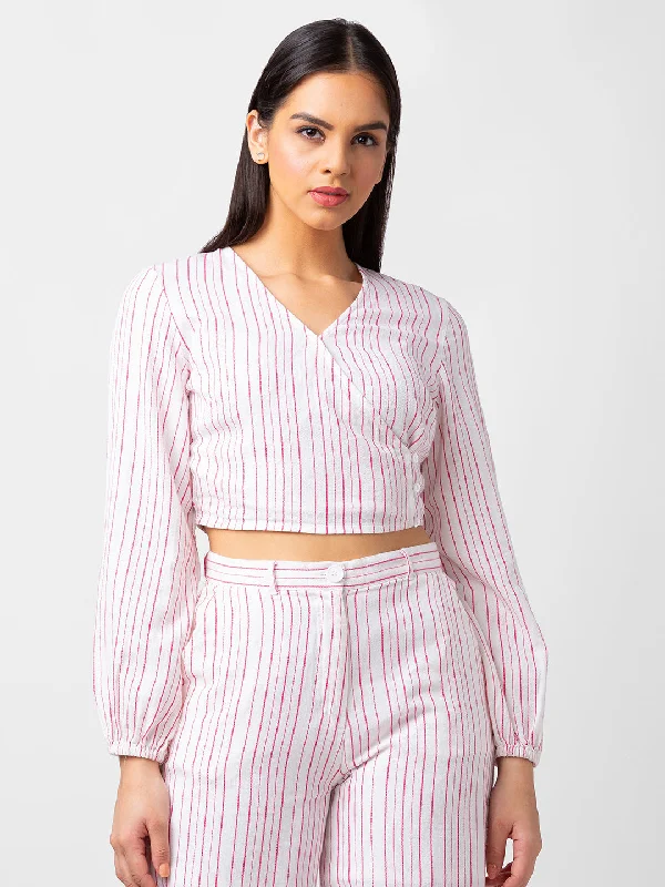 Spykar Women Pink Cotton Slim Fit Striped Crop Top Thin Crop Top Open Front Quick Dry