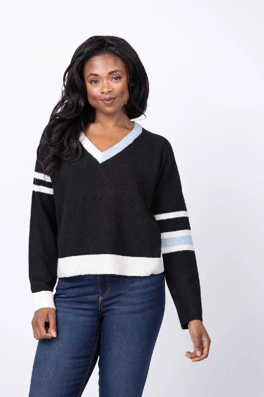 Central Park West Billie Varsity V-neck Sweater in Black Multi Fitted Loose Oversized