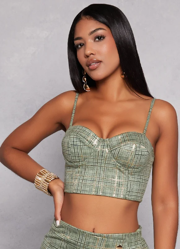 Plaid Bustier Crop Top Mesh Fabric Canvas Fabric Denim Fabric