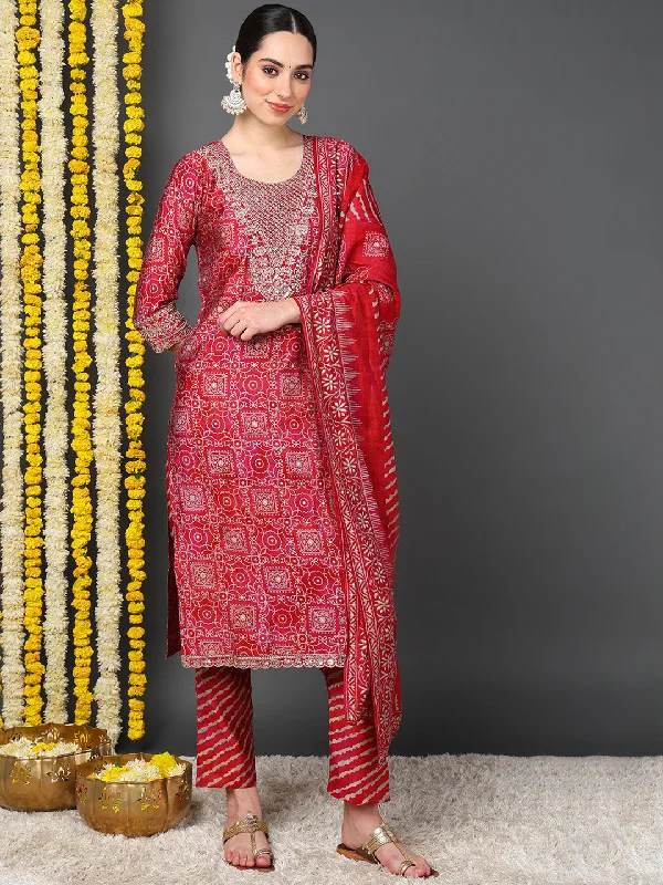 Maroon Polyester Ethnic Motifs Printed Straight Kurta Trouser With Dupatta Trousers Leisure Comfortable