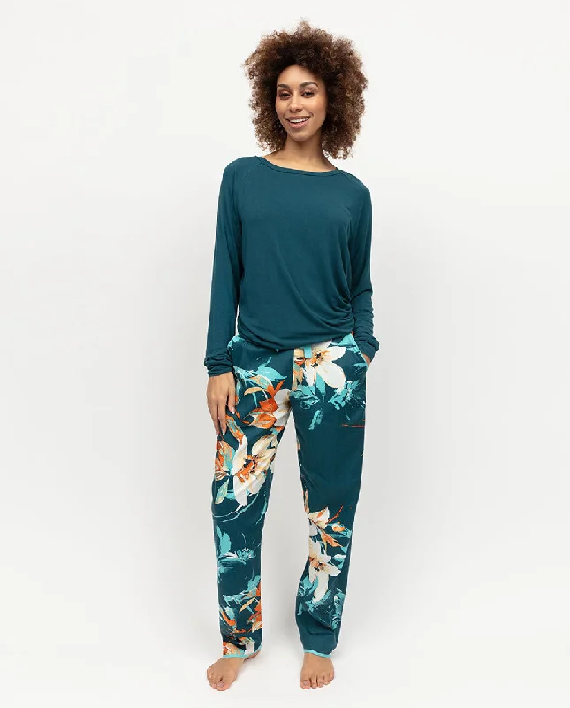 Goldie Womens Slouch Jersey Top and Floral Print Pyjama Set Navy Blue Jersey Tee
