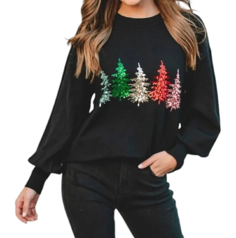 Sequin Christmas Tree Knit Sweater In Black Glossy Satin Silk