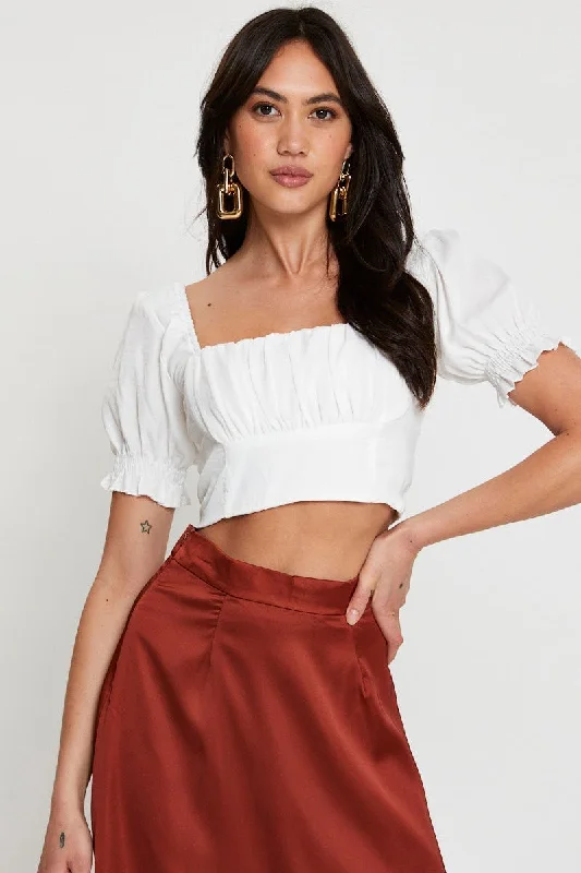 White Crop Top Short Sleeve Ribbed Striped Patterned