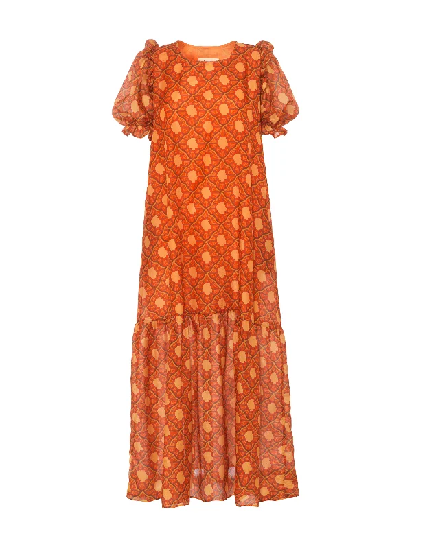 Robyn Orange Portrait Print Silk Voile Dress Tunics Cozy soft