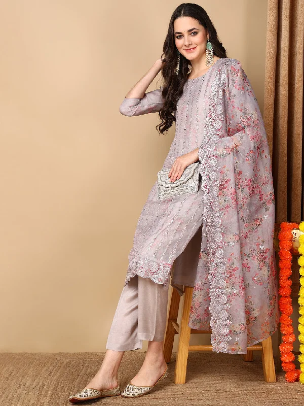 Grey Organza Floral Embroidered Straight Kurta Trouser With Dupatta Trousers Ceremony Elegant