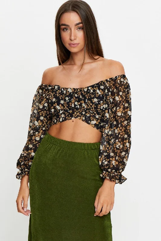 Print 3/4 Sleeve Crop Top Cozy Warm Stylish
