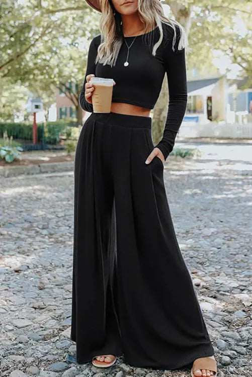 Boho Black 2 pc Crop Top and Flowy Wide Leg Pants Set Boxy Fit Fitted Loose