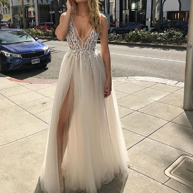 Charming A-Line Sleeveless Tulle Beaded Slit Backless Prom Dresses, FC2448 Elegant Long Evening Charming A-Line Sleeveless Tulle Beaded Slit Backless Prom Dresses, FC2448 Elegant Long Evening