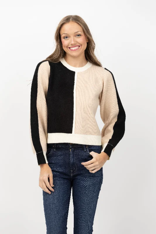 Central Park West Ezra Colorblocked Crewneck Sweater in Black Multi Rayon Fabric Velvet Fabric Corduroy Fabric