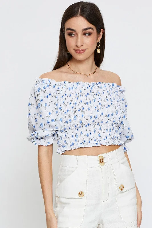 Geo Print Crop Top Short Sleeve Off Shoulder Collared Crop Top Boat Neck A-Line