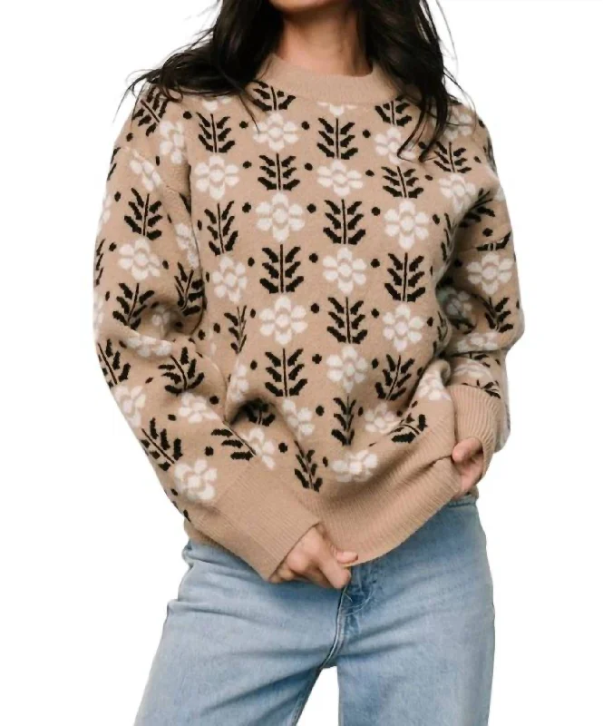Brienne Floral Sweater In Taupe Elasticated Padded Insulated