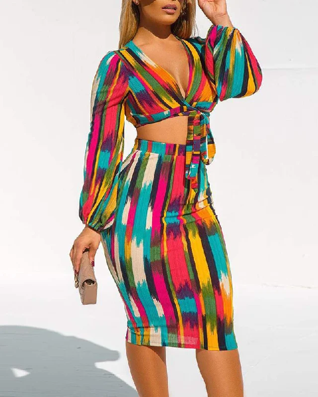 Colorblock Lantern Sleeve Crop Top Midi Skirt Sets Striped Floral Plaid