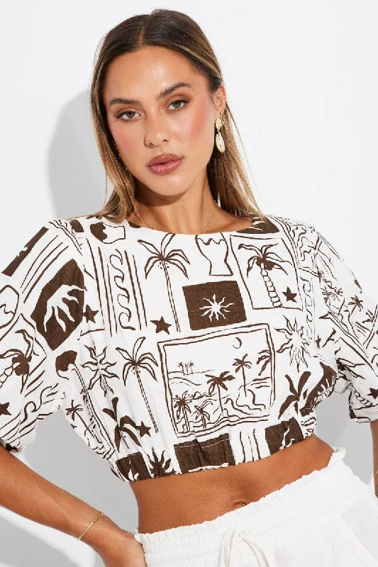 Brown Abstract Crop Top Puff Sleeve Linen Elasticated Padded Insulated