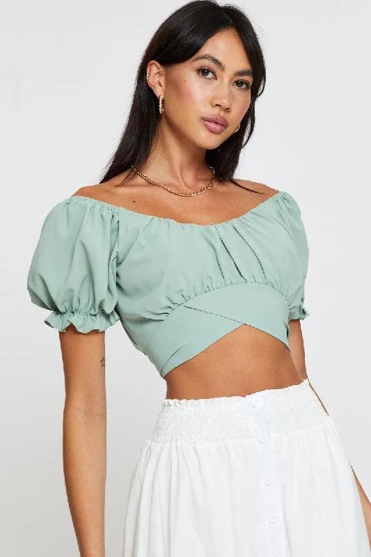 Green Crop Top Short Sleeve Off Shoulder Fleece Nylon Spandex