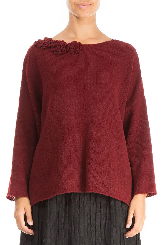 Rosette Maroon Wool Sweater Turtle Neck Boat Neck Asymmetrical Neck