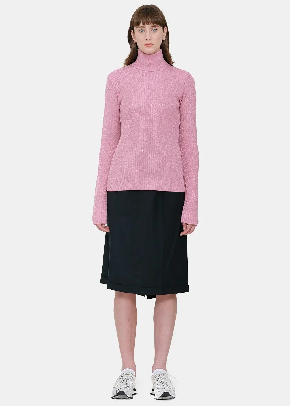 Metallic Pink Turtleneck Sweater Print Jacquard Patchwork