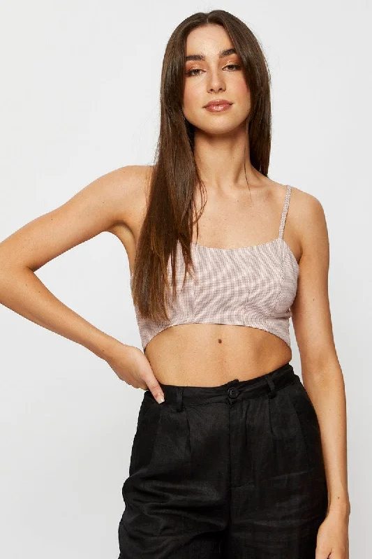 Check Crop Top Sleeveless Terry Blend Velvet Blend Canvas Blend