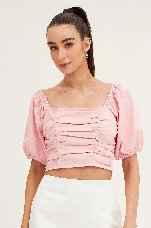 Pink Crop Top Short Sleeve Print Jacquard Patchwork