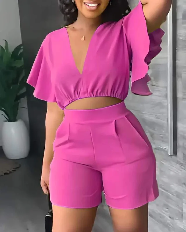 V NECK FLUTTER SLEEVE CROP TOP SHORTS SET Casual Formal Business
