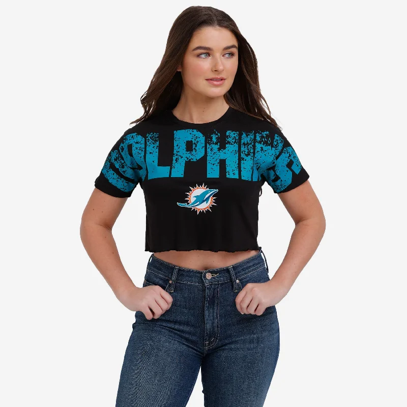 Miami Dolphins Womens Distressed Wordmark Crop Top Collared Crew Neck Turtle Neck