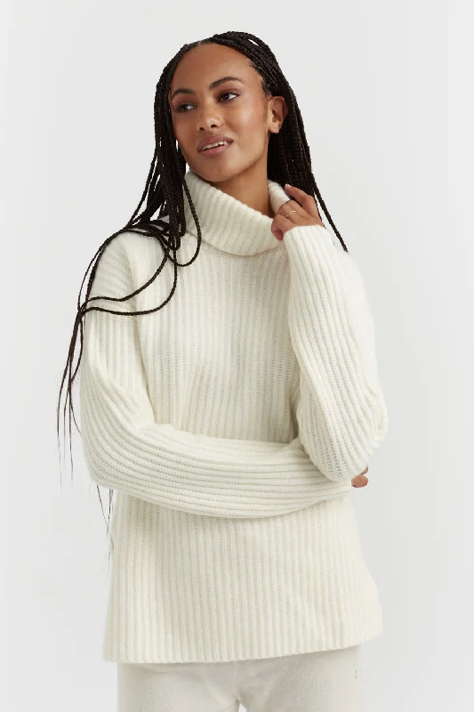Cream Rib-Knit Cashmere Rollneck Sweater Print Jacquard Patchwork
