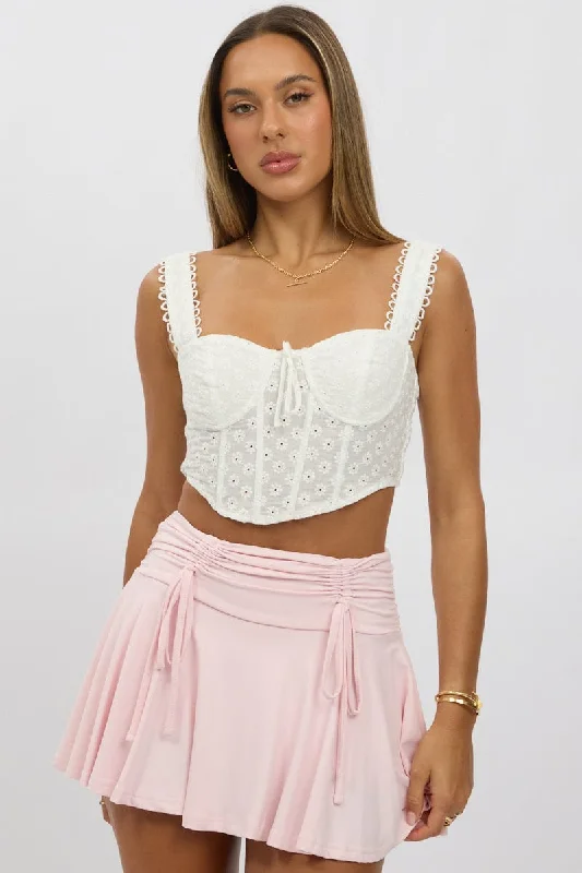 White Crop Top Sleeveless Corset Broderie Zippered Front Buttoned Front Snap Front