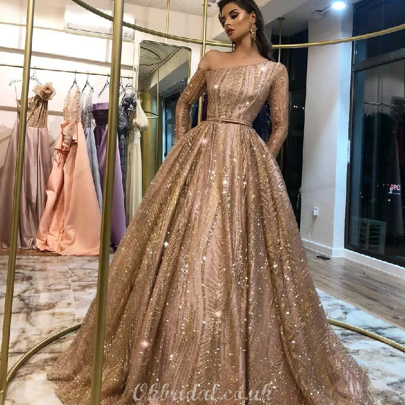Sparkly One Shoulder A-line Sequin Long Sleeves Prom Dress, FC3773 Tunics Winter warm Sparkly One Shoulder A-line Sequin Long Sleeves Prom Dress, FC3773 Tunics Winter warm