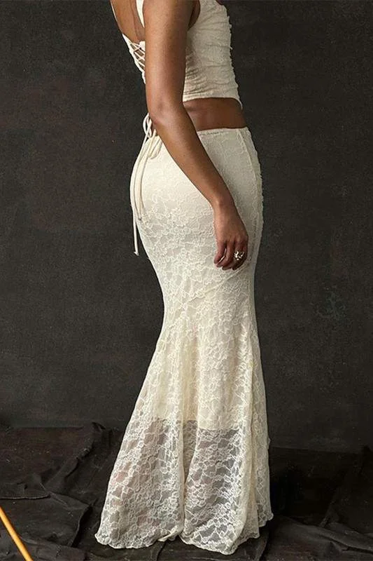 LACE CROP TOP AND MAXI SKIRT SET Zippered Buttoned Snapped