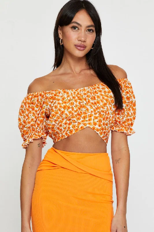 Print Crop Top Short Sleeve Off Shoulder Mesh Fabric Canvas Fabric Denim Fabric