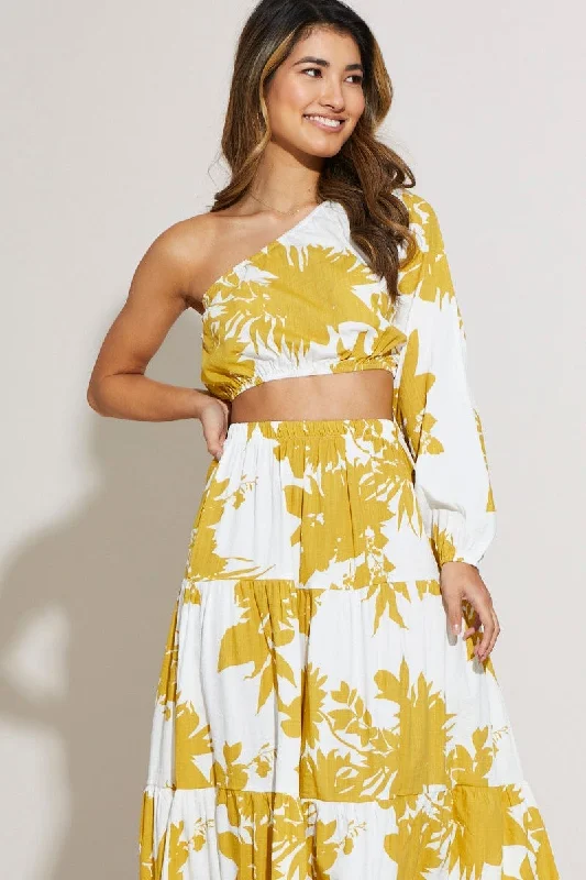 Print Crop Top One Shoulder Long Sleeve Welt Pockets Slit Pockets Flap Pockets