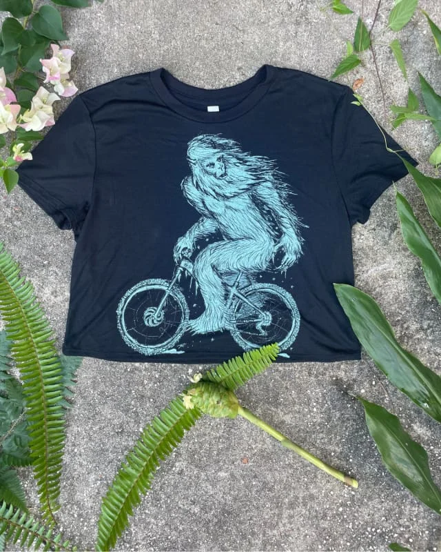 Yeti on a Bike- Women's Black Crop Top Chenille Blend Fleece Blend Nylon Blend