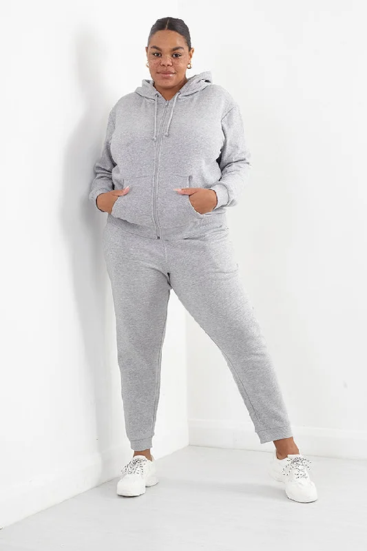 PLUS SIZE PLAIN GREY MARL DRAWSTRING ZIP HOODIE Hoodie with Side Slits Relaxed Casual