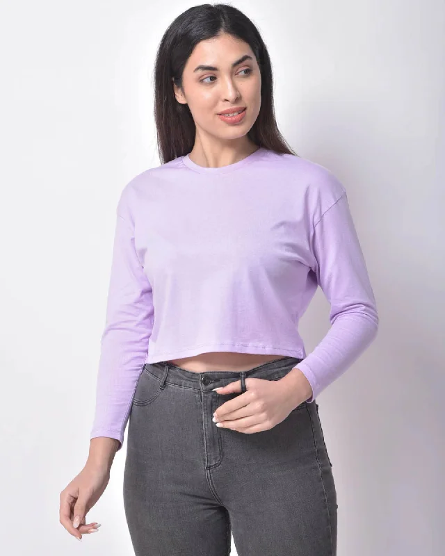 Full Sleeves Crop Top: Lavender Lace Blend Ribbed Blend Corduroy Blend