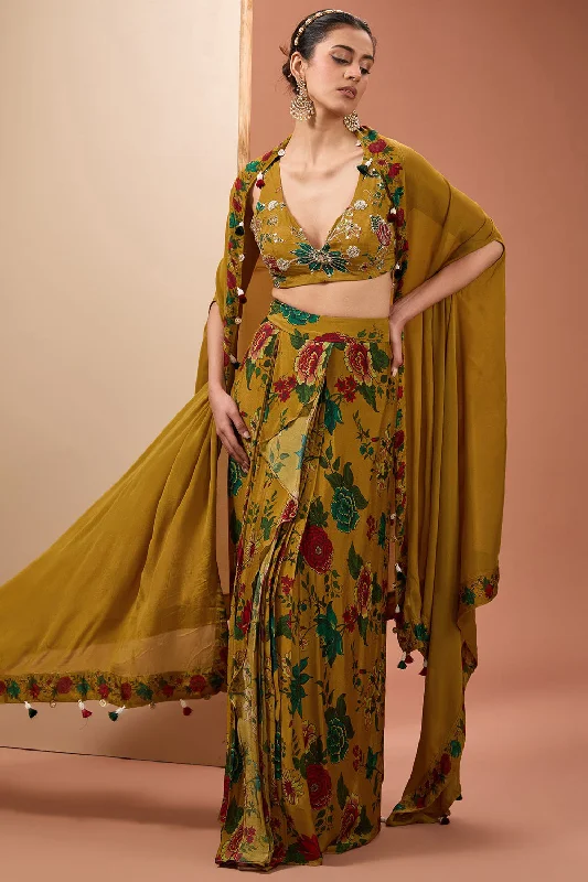 Yellow Viscose Chinon Digital Print Floral Draped Skirt Set With Cape For Women silk skirt lustrous