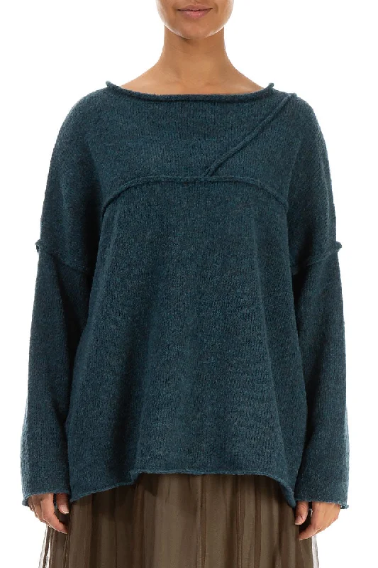 Asymmetrical Seams Teal Wool Sweater Terry Blend Velvet Blend Canvas Blend