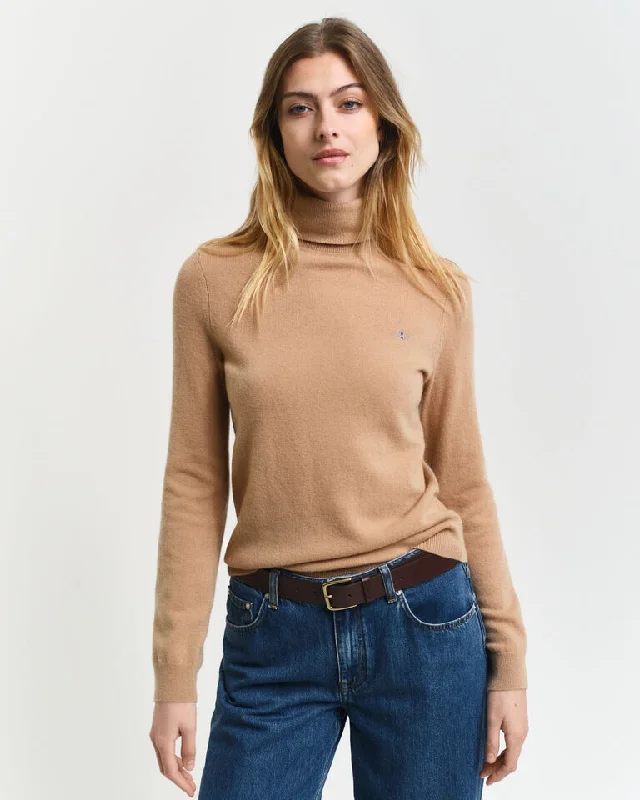 Extra Fine Lambswool Turtleneck Sweater - Caramel Beige Chenille Brocade Lace