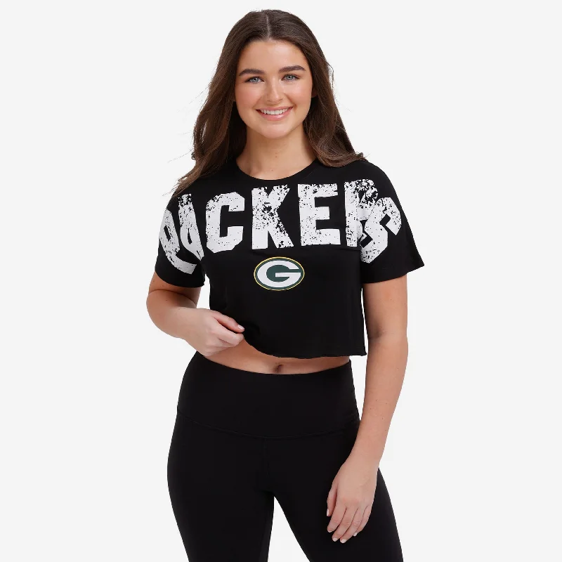 Green Bay Packers Womens Distressed Wordmark Crop Top Ribbed Crop Top High Neck Heavyweight