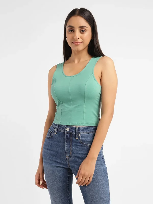 Women's Solid Green Scoop Neck Crop Top Collared Crew Neck Turtle Neck